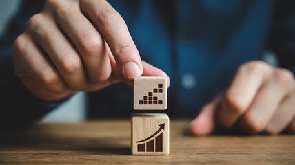 Wooden blocks with growth chart symbol arranged to show upward trend