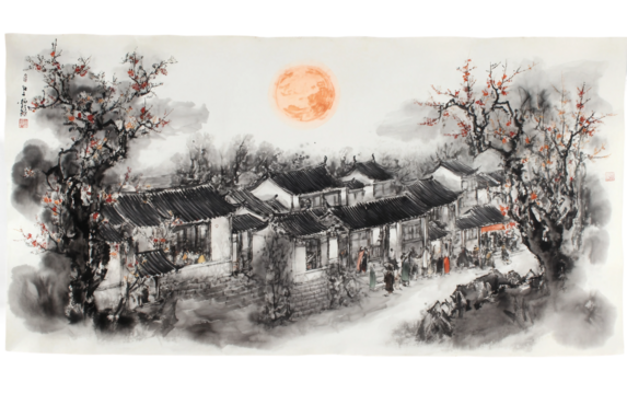 Artistic depiction of moonlit Mid Autumn Festival featuring families enjoying lanterns and festive atmosphere isolated on white background PNG