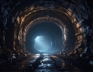 Naklejka premium Dark Abandoned Tunnel with Mysterious Light and Wet Ground