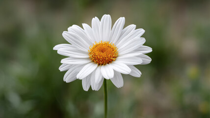 In nature, a striking daisy flower with white petals and a vibrant yellow center pops against a softly blurred green backdrop