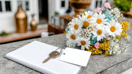 Key and blank tag resting on white papers next to a fresh bouquet of colorful daisies, representing a new home or real estate deal