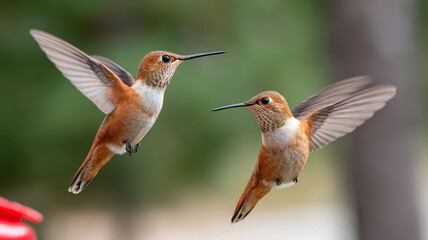 Two rufous hummingbirds hovering in mid flight with wings beating rapidly. Wildlife moment capturing avian agility and interaction