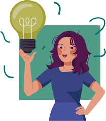 Woman holding a lightbulb with a green square background and curved lines around her head area