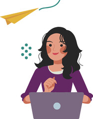 Woman using laptop with paper airplane and abstract shapes in background illustration style art