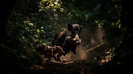 Fototapeta premium Wild boar family in forest