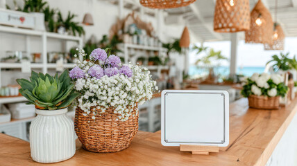 Fototapeta premium Blank white sign for custom text on a wooden counter, surrounded by flowers and a succulent in a bright beachside cafe setting