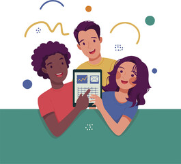 Group of diverse people presenting data on a tablet with colorful abstract background elements around them