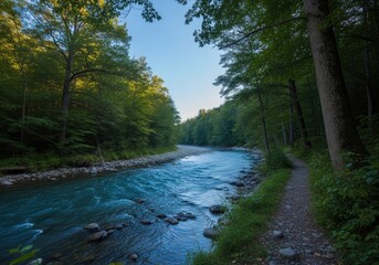 River Bending Through Dense Forest and Green Trees