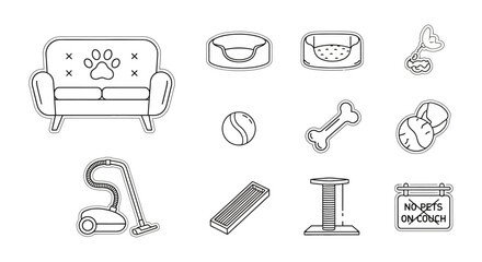 Fototapeta na wymiar pet cleaning icons sofa dog bed and sign against pets on couch representing home hygiene pet care and maintaining a clean living space.