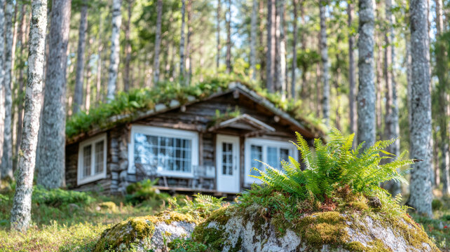 Sustainable living, rustic wooden cabin with green sod roof nestled among birch trees in a peaceful forest - Powered by Adobe