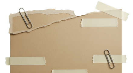 Torn brown paper attached with tape and paperclips on a black background creating a textured collage effect