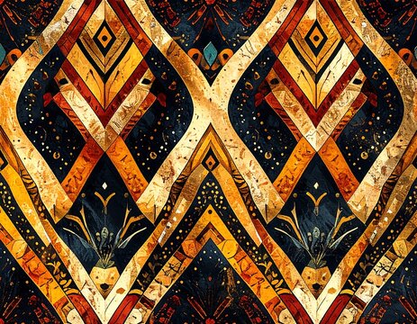 Abstract seamless pattern with geometric shapes in warm golds, oranges, reds and dark blues