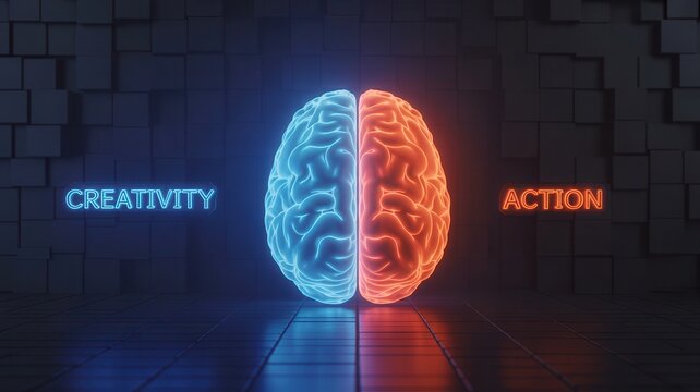 Conceptual image of a glowing brain split into creativity and action sides with neon text