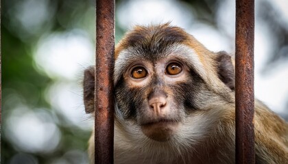 sad brown eyed monkey staring through rusty cage bars close up