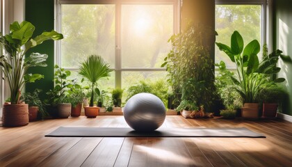 inviting indoor space with yoga mat and exercise ball surrounded by lush green plants and cozy decor