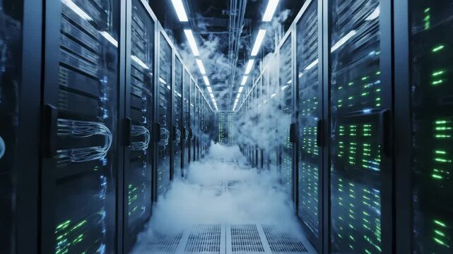 Futuristic Data Center Server Racks with Fog and Green Lights