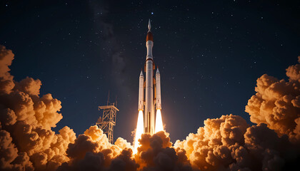 Spectacular rocket launch with fiery clouds against a starry night sky, symbolizing space exploration
