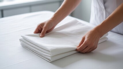 Hands carefully folding a stack of freshly laundered white linen sheets in a bright clean laundry room setting