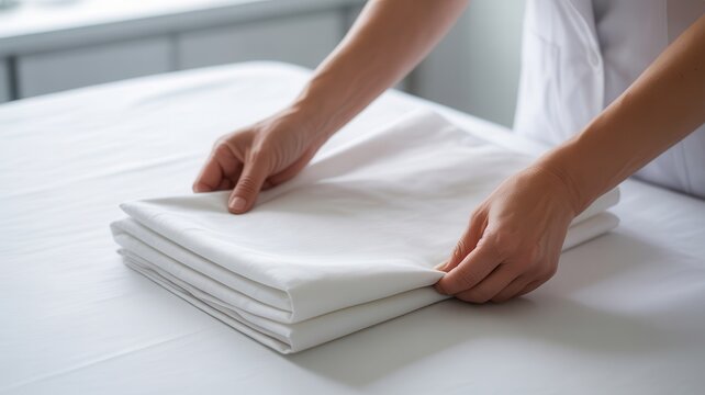 Hands carefully folding a stack of freshly laundered white linen sheets in a bright clean laundry room setting