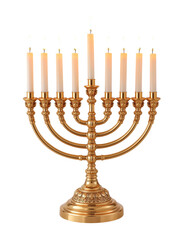 Golden Hanukkah Menorah with Burning Candles Isolated on White