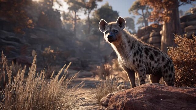A spotted hyena stands on a reddish rock, its face in profile, framed by dry grass and distant trees