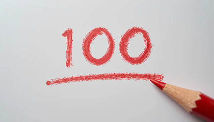 Handwritten number one hundred with red pencil on white paper representing score or percentage isolated on white background