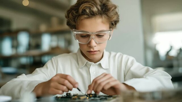 male student soldering circuit board under magnifier light muted buzz hands-on STEM learning engineering creativity cinematic color correction, gentle backlight, clean negative space, high quality