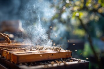 Beekeeper using smoke to calm bees on wooden frames during honey harvesting