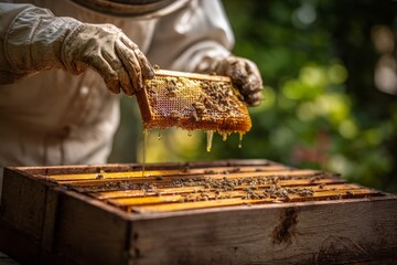 Beekeeper's gloved hands holding a dripping honeycomb with busy bees.