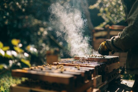 Beekeeper uses smoke to manage active bees on frames in a sunny apiary.