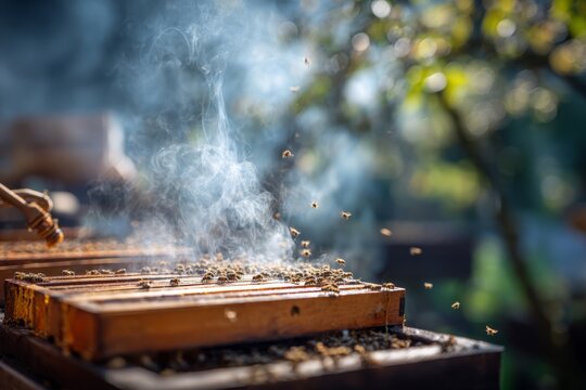 Beekeeper using smoke to calm bees on wooden frames during honey harvesting
