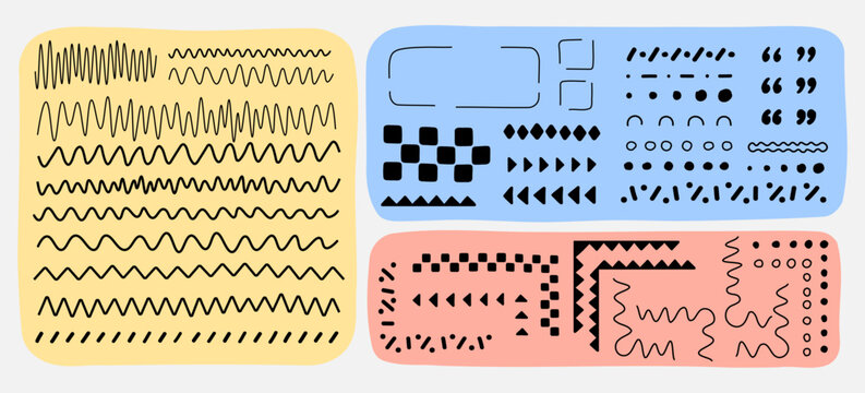 Vector illustration. Hand drawn doodle shapes, corners, curved lines for frame, border, composition. Design elements for cover, brochure, magazine, poster, flyer. Flat trendy abstract color background