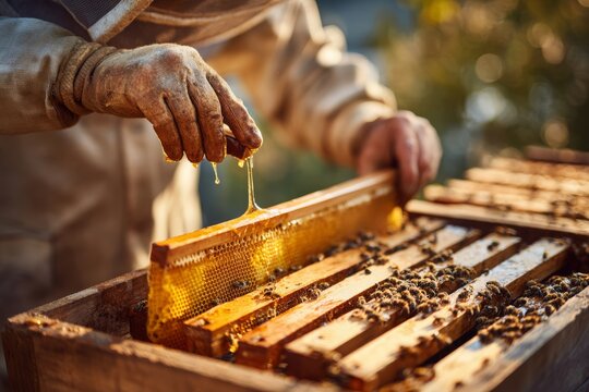 Beekeeper's gloved hands collecting fresh golden honey from a beehive.