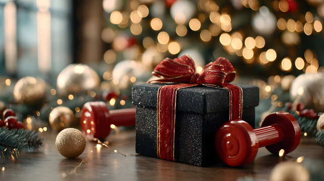 Black gift box with a red ribbon and red dumbbells surrounded by Christmas decor. A holiday gift concept for health and fitness enthusiasts.