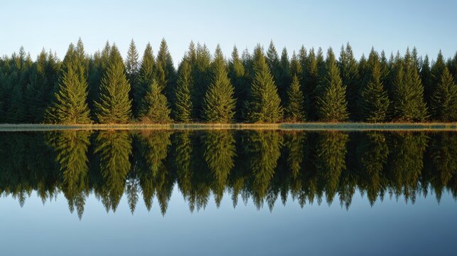 order. Calm lake mirroring a pine forest in symmetrical reflection under tranquil morning light. travel magazines, destination branding, designed for travel destination branding, used by hr managers. - Powered by Adobe