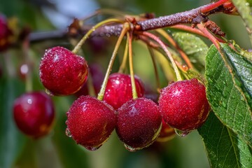 Obraz premium Vibrant red cherries glistening with water droplets on a branch after rain.
