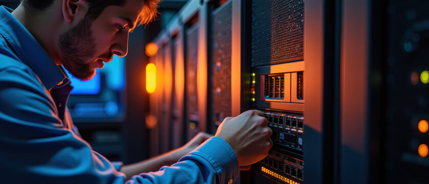Technician works server data center, adjusting equipment with focused concentration. environment is illuminated by soft orange lights