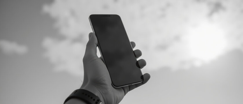 Hand holds smartphone against cloudy sky, capturing moment of connection and technology