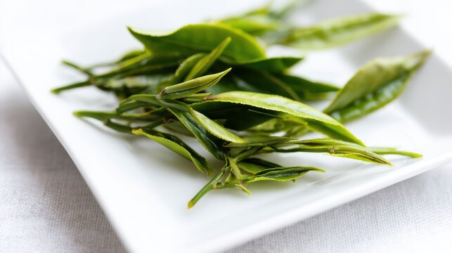 shallow. Fresh green tea leaves on a white plate with natural daylight and soft focus. menu design, packaging mockups, designed for culinary blogs and recipe cards for restaurants.