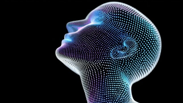 Head with a blue and purple face is shown in a black background. The head is made up of many small dots, giving it a futuristic and otherworldly appearance. Concept of mystery and intrigue