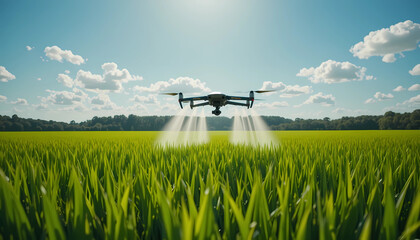 Drone spraying pesticide on a field of crops, ensuring efficient and precise application for healthy growth