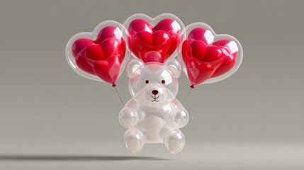White teddy bear is holding three red balloons in its mouth. The balloons are shaped like hearts and are floating above the bear. Concept of joy and playfulness
