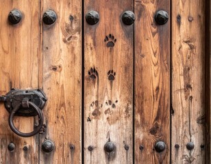 Fototapeta premium Wooden Door with Paw Prints and Decorative Hardware Elements