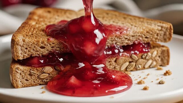 Close up of a sandwich with flowing red jam on a plate with scattered crumbs food concept