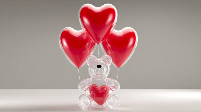 Teddy bear is holding three red balloons. The balloons are tied to the bear's arms and legs. Concept of love and warmth, as the teddy bear and balloons are often associated with affection - Powered by Adobe