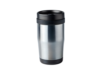 A sleek modern stainless steel travel mug with a black lid and grip isolated on transparent background