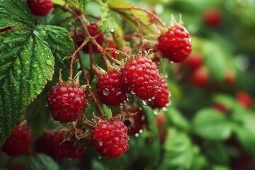 Juicy red raspberries glistening with fresh water droplets on a green bush.