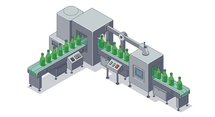 Isometric beverage factory with conveyor belt and machines