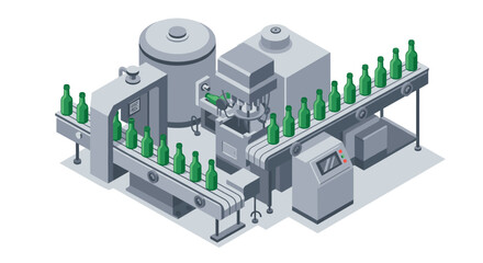 Isometric beverage bottling production line with conveyor and machinery