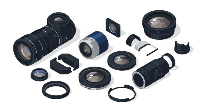 Detailed isometric camera lens components disassembled for photography enthusiasts